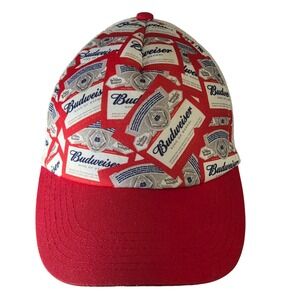 VTG 80's Budweiser Snapback‎ Mesh AOP Trucker Hat Cap Red White Adjustable